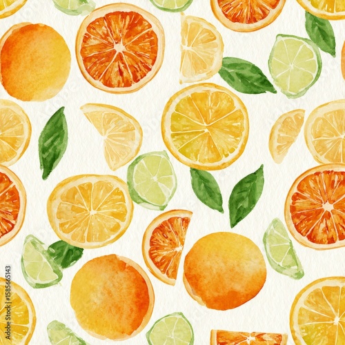 Sweet watercolor oranges and citrus slices, repeating pattern for kitchen decor Vibrant Citrus Fruit Illustration with Lemons  Oranges  and Limes