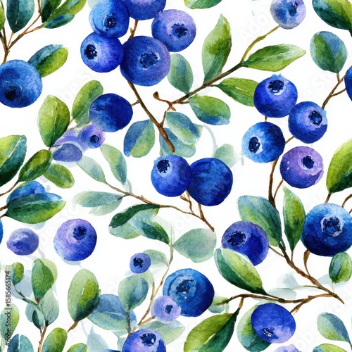 Vibrant watercolor blueberries and branches, seamless background for healthy food Vivid Blueberry Pattern with Green Leaves for Elegant Design