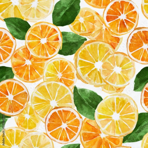 Sweet watercolor oranges and citrus slices, repeating pattern for kitchen decor Vibrant Citrus Fruit Pattern with Lemon and Orange Slices