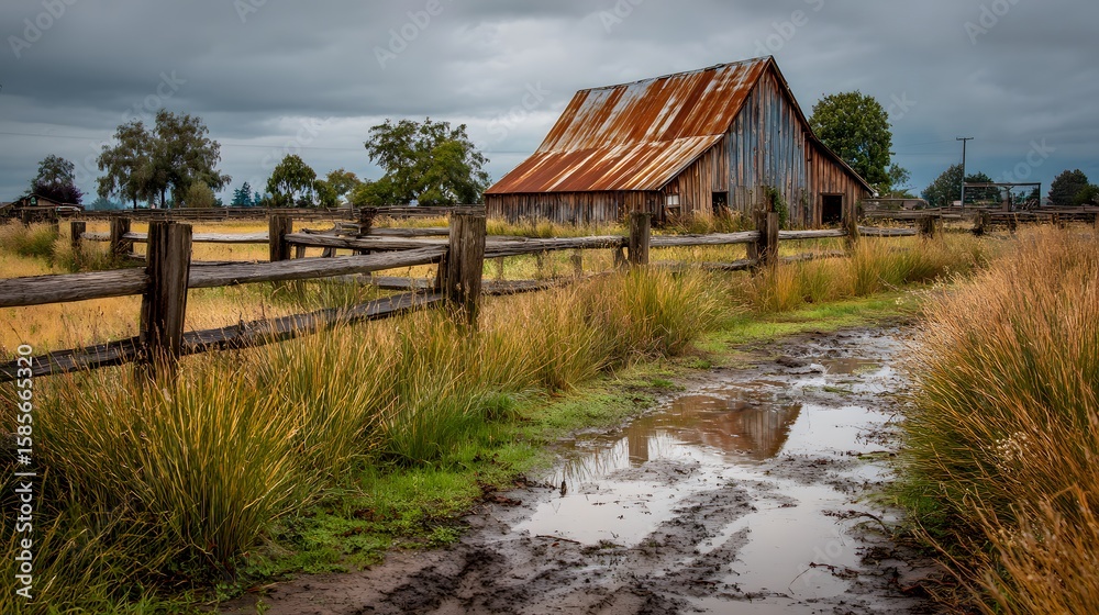 Fototapeta premium Countryside barn rusty metal roof beside field of tall grass and handmade fence moist muddy path in foreground reflecting last rain rural detail scene from ground level angle