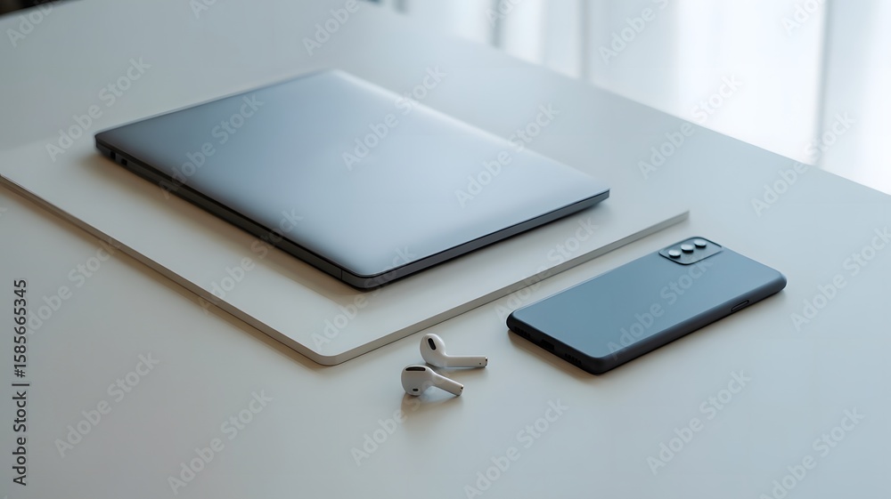A photograph of a minimalist flat lay arrangement on a clean white desk, showcasing modern digital t A photograph of a minimalist flat lay arrangement on a clean white desk, showcasing modern digital t
