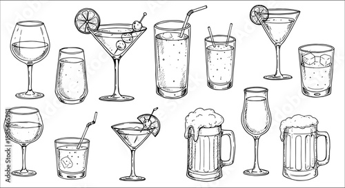A collection of hand-drawn black and white sketches featuring various types of alcoholic and non-alcoholic drinks and glassware, including wine, cocktails, beer, and highball glasses.