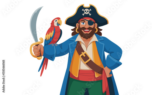 Friendly cartoon pirate with a parrot on his arm and a sword