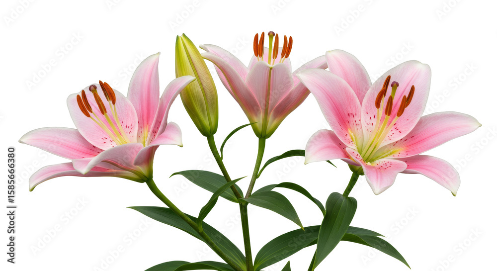 Fototapeta premium Blooming Pink Lilies with Green Bud and Leaves on White