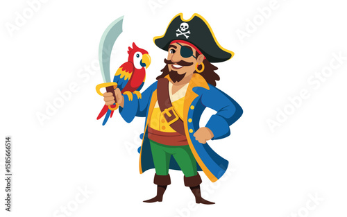 Cartoon pirate with eye patch holding a sword and a parrot on his arm
