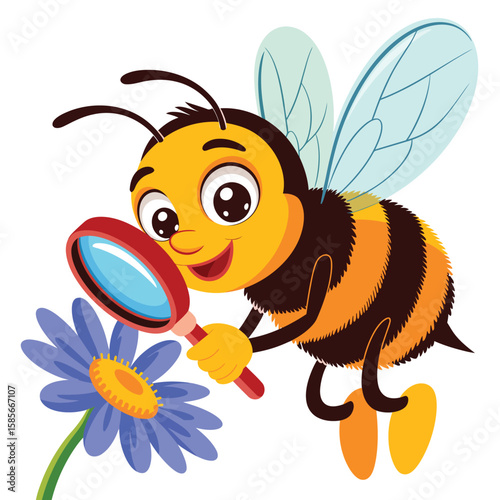 Cute cartoon bee with a magnifying glass examining a blue flower