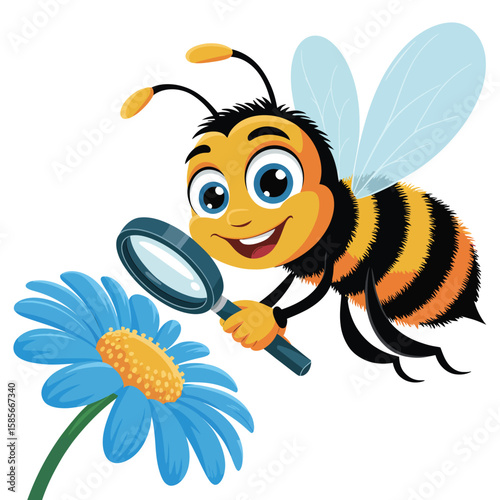 Cute cartoon bee with a magnifying glass examining a blue flower