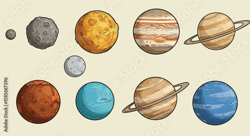 Aesthetic Illustrated Solar System Depicting Celestial Bodies with Diverse Textures and Hues