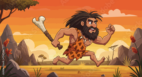 An illustration of a prehistoric man running through a sunset landscape with bone weapon
