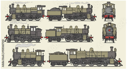 Artistic renderings of vintage locomotives, showcasing different perspectives and details