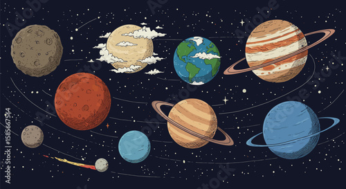 Artistic representation of the solar system with celestial bodies against a starlit backdrop