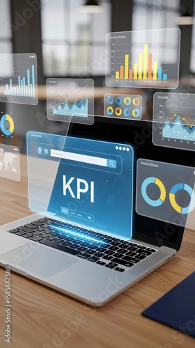Laptop on wooden desk displaying holographic KPI dashboard with colorful graphs and data charts in modern office. Concept of business performance, key performance indicators and data-driven strategy

