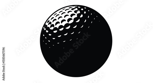 Black and white graphic of a golf ball with distinct dimples against a white background