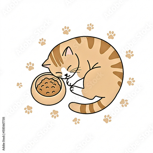 an image of a cat curled up next to a bowl, from top to bottom, with paw prints all around, a clean white background, warm muted tones.