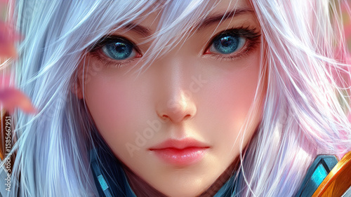 Close Up Portrait of a Beautiful Anime Style Girl with White Hair