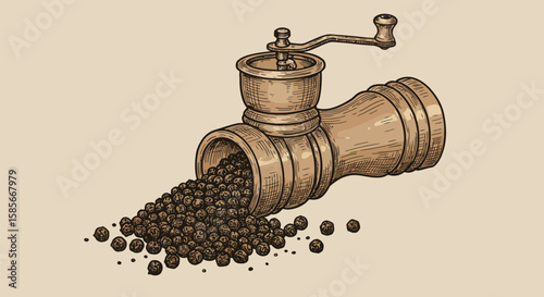 Detailed hand-drawn illustration of a wooden pepper grinder spilling black peppercorns