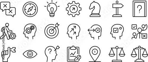 Decision making icons set, strategy and planning symbols, goal setting illustrations, direction compass, problem solving vector, business mindset graphic