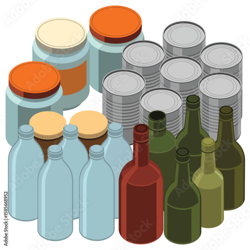Collection of glass bottles tin cans and jars with colorful lids isolated on white