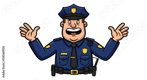 Illustration of a Surprised Police Officer with Arms Raised and Exaggerated Expression
