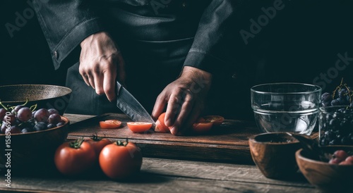 Chef's hands slicing tomatoes on a wooden board