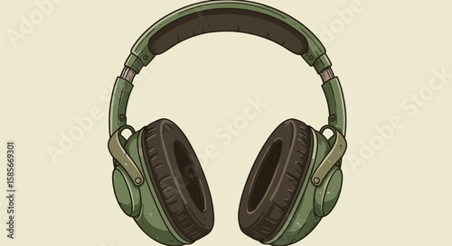 Illustration of green vintage headphones isolated on a creamy background for audio enjoyment