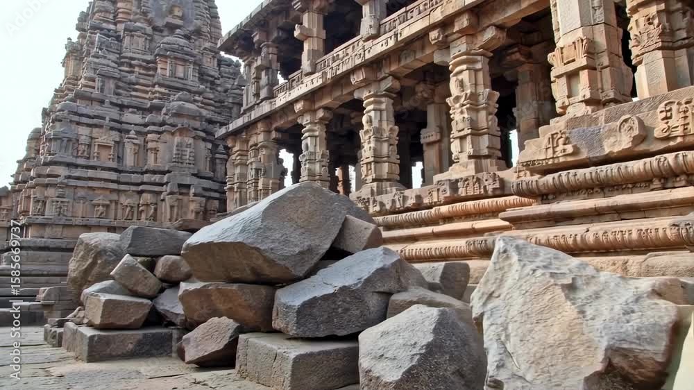 Ancient stone temple ruins with intricate carvings and large rocks Ancient stone temple ruins with intricate carvings and large rocks
