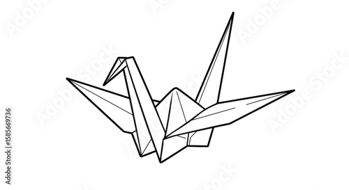 Minimalist origami crane illustration on white background, clean line art style