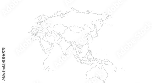 Outline map showing the geographical boundaries of the Asian continent and its countries in detail