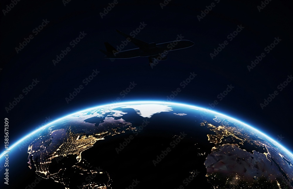 Fototapeta premium World Tourism Day concept with abstract night scene of glowing planet Earth and airplane shadow flying across radiant continents in silhouette