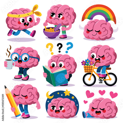 Cute cartoon brains engaged in various activities like running reading cycling and sleeping