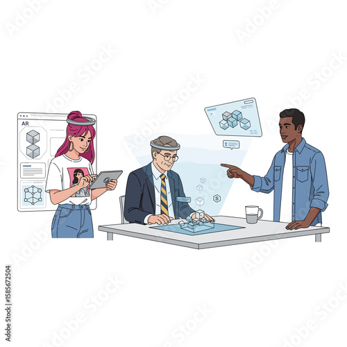Diverse Team Working with Augmented Reality Projections and Digital Interfaces