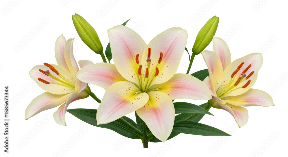 Fototapeta premium Blooming Lily Flowers Arrangement with Buds and Green Leaves