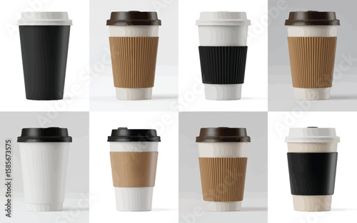 Collection of eight disposable coffee cups with different lids and sleeves