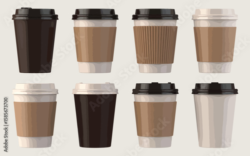 Collection of eight disposable coffee cups with lids and sleeves on a light background