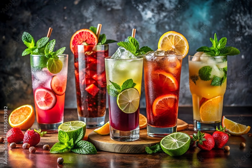 Fototapeta premium Assortment of fresh cocktails with citrus and mint, beautifully garnished