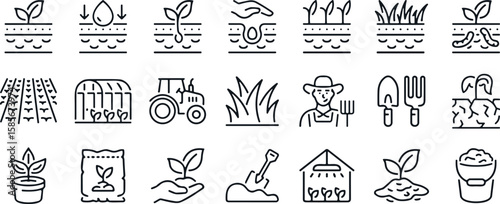 Farming icon set, agriculture symbols, soil growth illustration, planting process vector, garden tools, tractor and seedling line icons pack