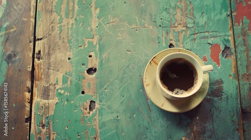 Top view image of coofee cup on rustic wooden table. vintage filtered