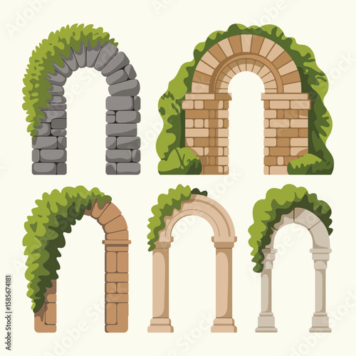 Collection of six decorative garden arches covered with green ivy and foliage