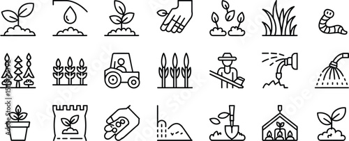 Farming, planting, and agriculture line icons, gardening tools, seedlings, irrigation, crop growth, sustainable farming and organic agriculture vector