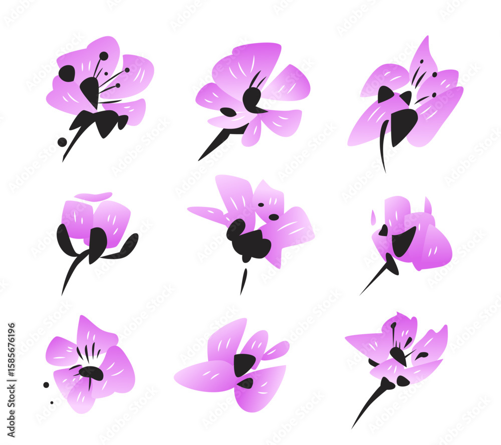Fototapeta premium Japanese style spring blossom flowers set. Vector elements