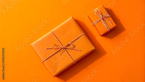Orange wrapped gift boxes with twine ribbons on vibrant orange background

