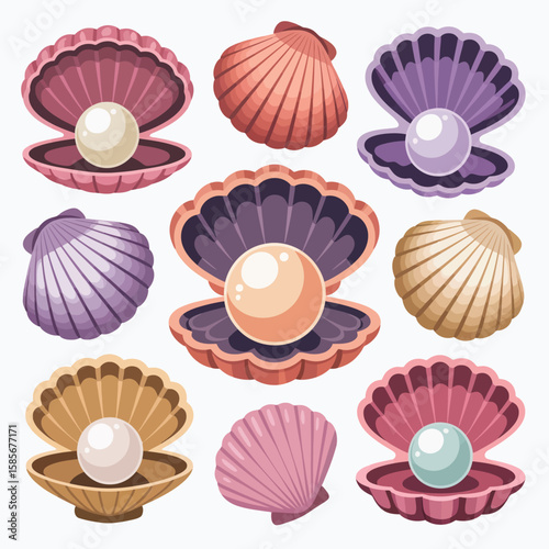 Collection of colorful cartoon scallops and pearls in open shells