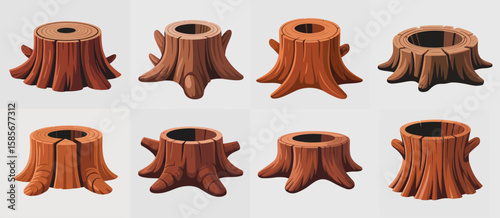 Collection of eight stylized cartoon tree stumps with visible rings and roots