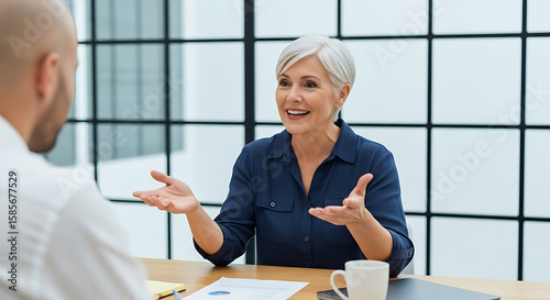 Mature woman in navy blue shirt gestures animatedly while speaking to a man in a white shirt during a meeting in a modern office with large windows