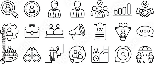Human resources and recruitment line icons set, includes CV, hiring, management, growth, leadership, editable stroke, modern style