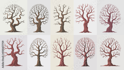 Collection of ten stylized bare trees with twisted branches and trunks