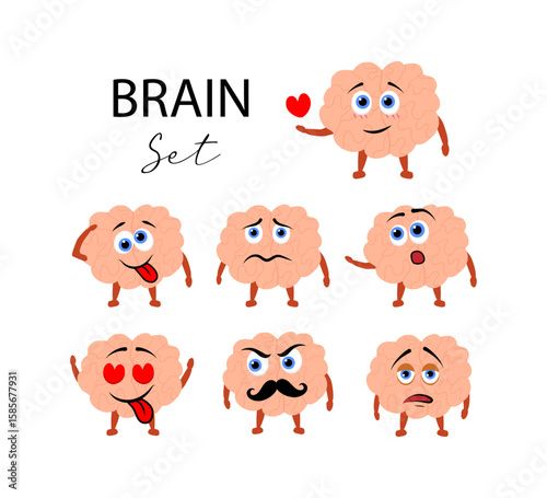 Cute cartoon brain mascot set with different emotions.