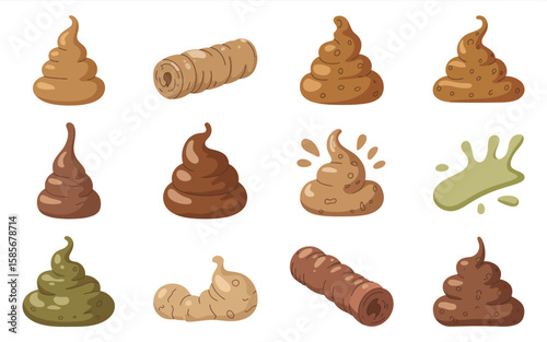 Collection of cartoon poop icons representing different shapes and colors of feces