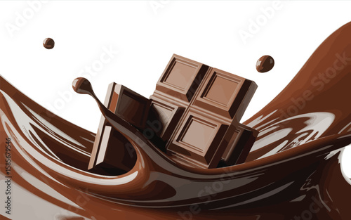 Delicious chocolate bar breaking apart in rich molten chocolate splash