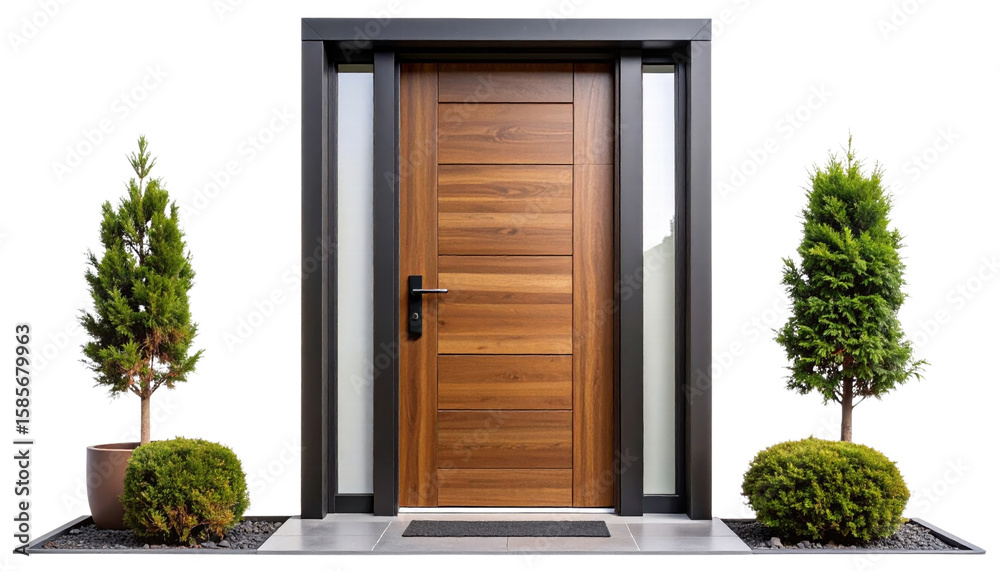 Fototapeta premium Modern wooden front door with black frame and glass panels, flanked by green potted plants